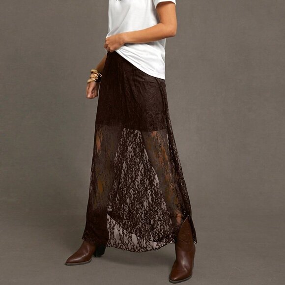 Coffee Brown Elegant Women's Sexy Long Wildflower Lace Skirt - Picture 4 of 6